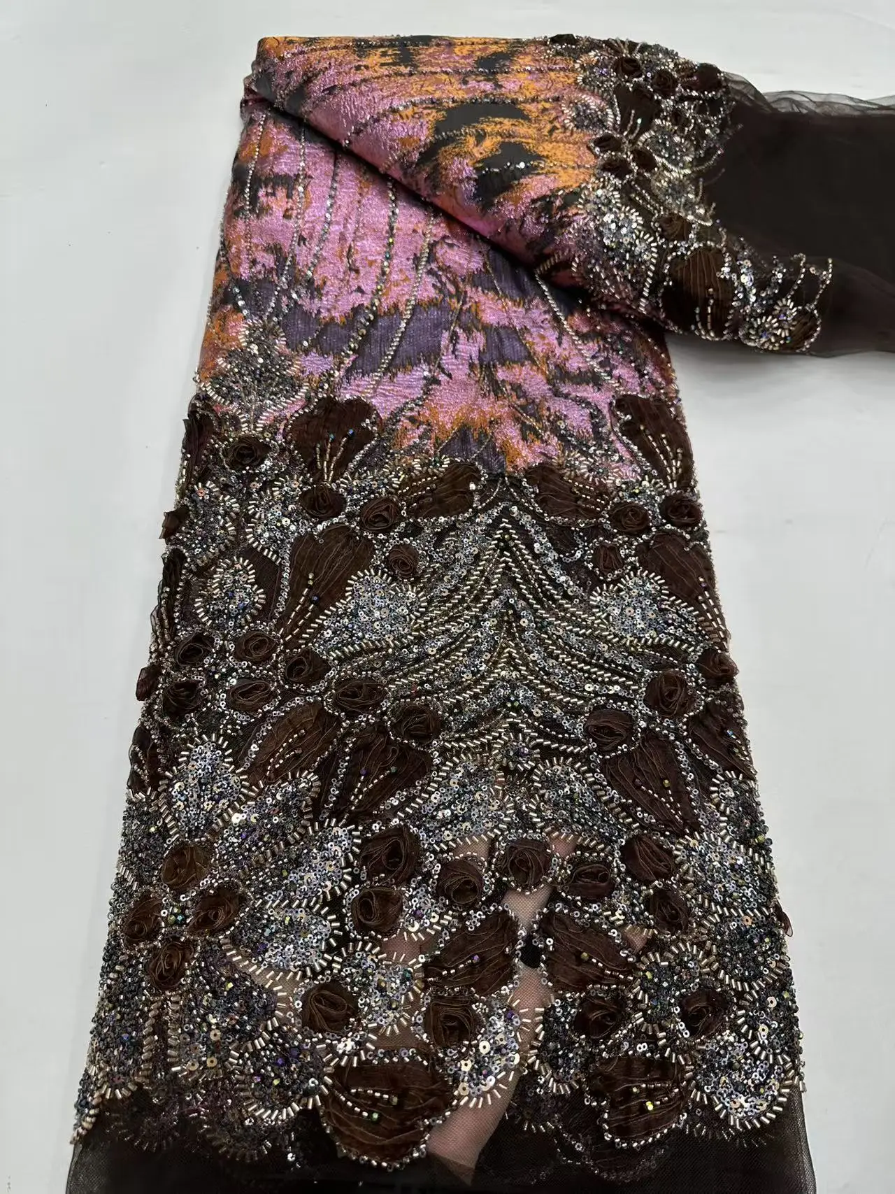 

New African Sequin Lace Fabric Luxury Embroidery Gold Beaded Mesh Lace 2026 Hot Sale For Wedding Dress And Clothing Women M117-1