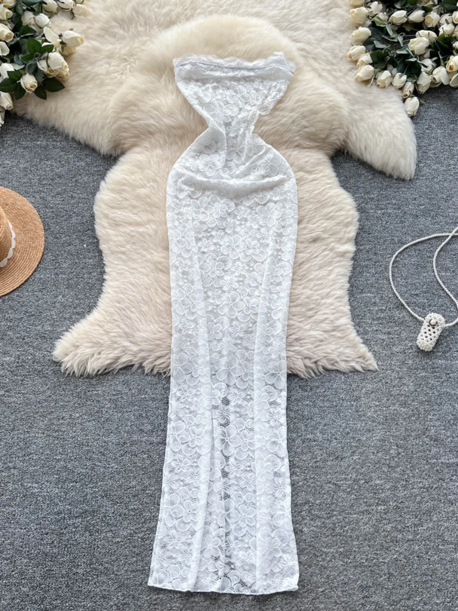 Foamlina Mujer Verano 2025 Vestido de encaje transparente sin mangas Vestido largo ajustado con recortes sexy Ropa de fiesta elegante