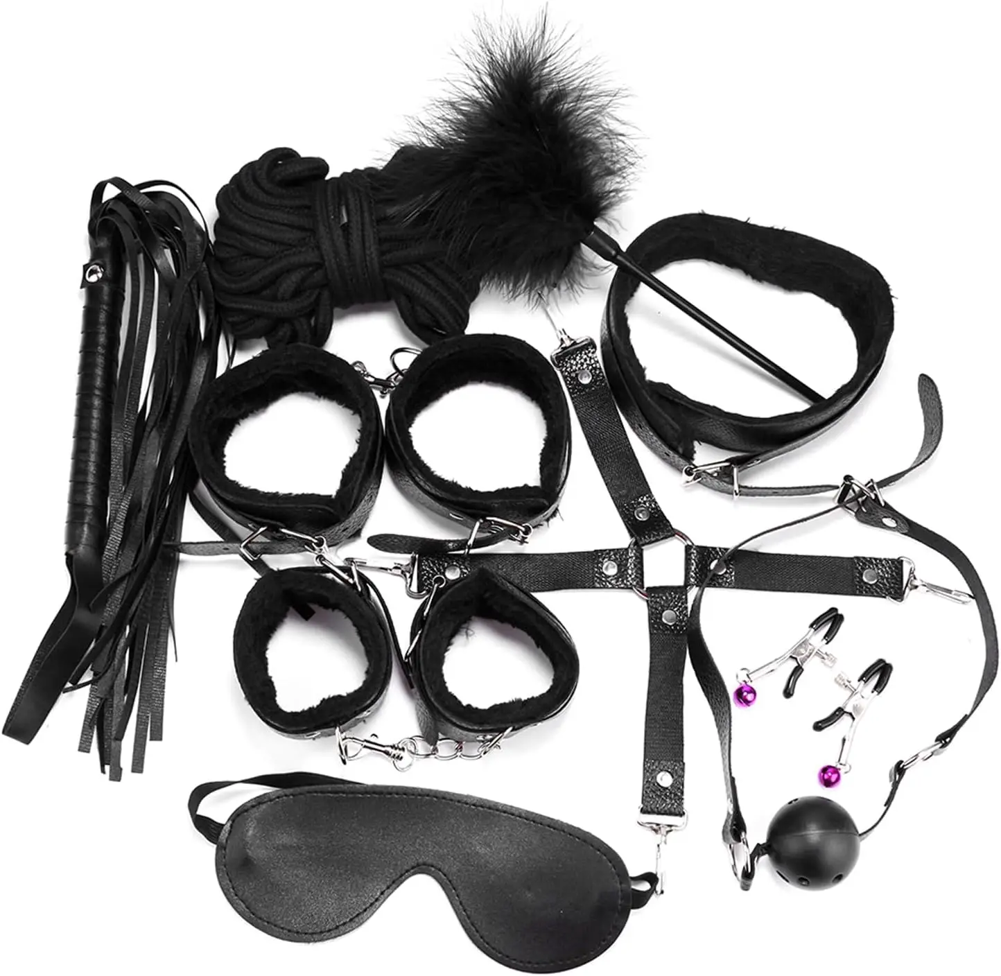 

Sex Bondage BDSM Kit Restraints - Upgrade 10PCS Sets with Adjustable Handcuffs Collar Ankle Cuff Blindfold Feather Tickler