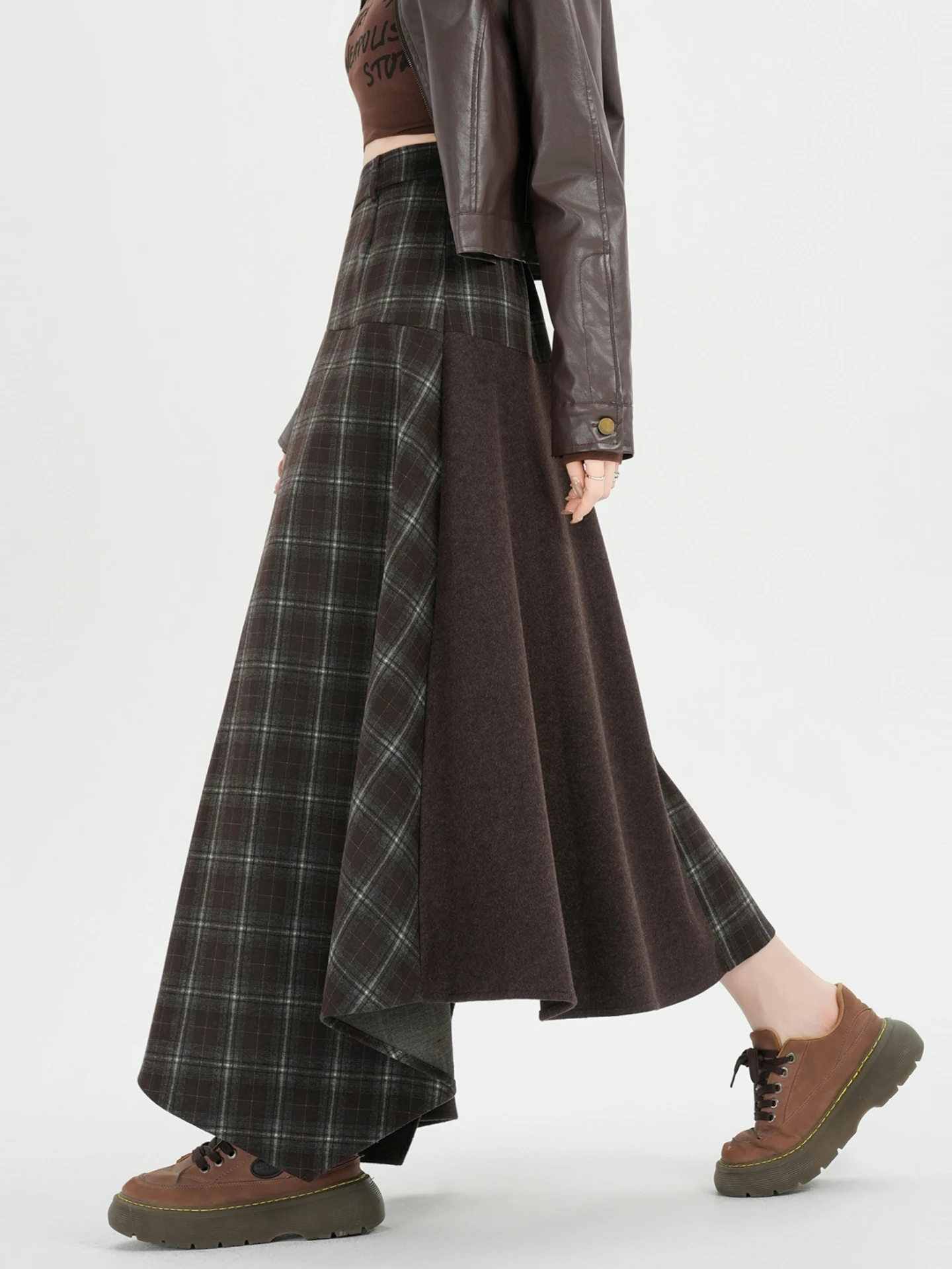

Khaki Vintage Irregular Plaid A-Line Skirt Women's Spring Autumn New Sle Large Flounce Splicing Design Long Skirt