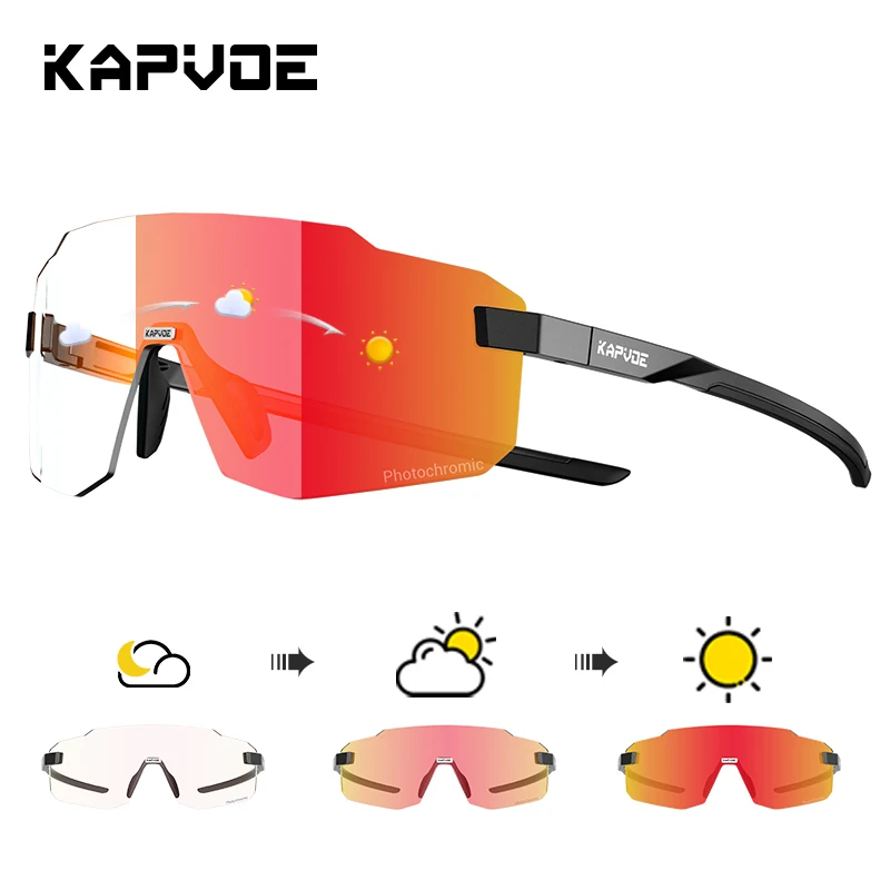 Image of Kapvoe HD UV400 Photochrome Radfahrbrille Marathon-Fahrbrille Leichte Fahrrad-MTB-Sportbrille Winddichte Sonnenbrille