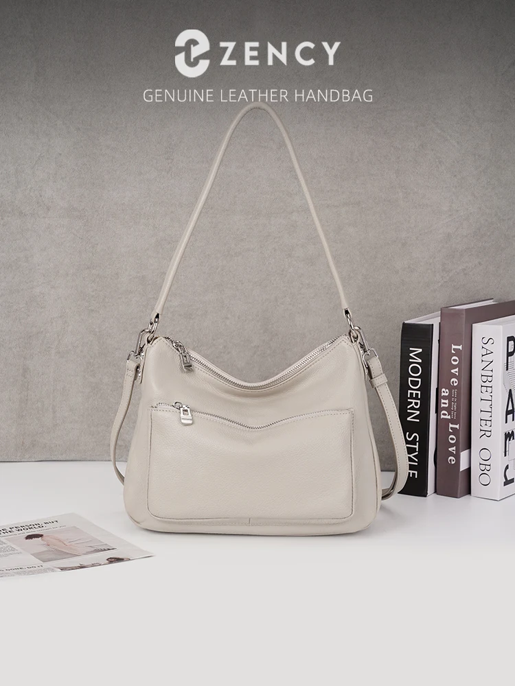 Zency Cowhide Leather Handbag Women Grey Shoulder Bag Fashion Multi-functional Pockets Crossbody For Work Commute Shopper Blue
