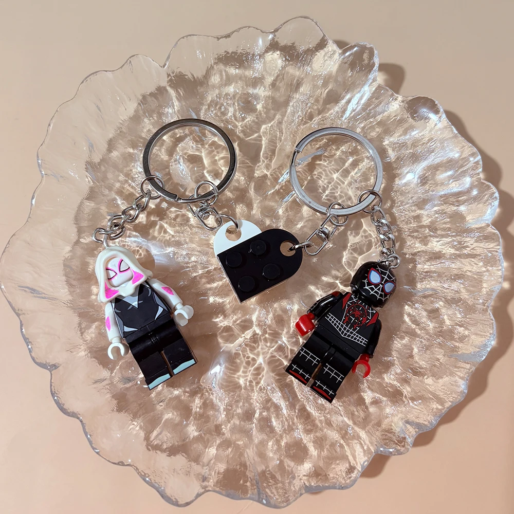 Couple Matching Keychain Spider Miles&Gwen Building Block Minifigure Heart Keyring Backpack Pendant Valentine Gift for Lovers image 6