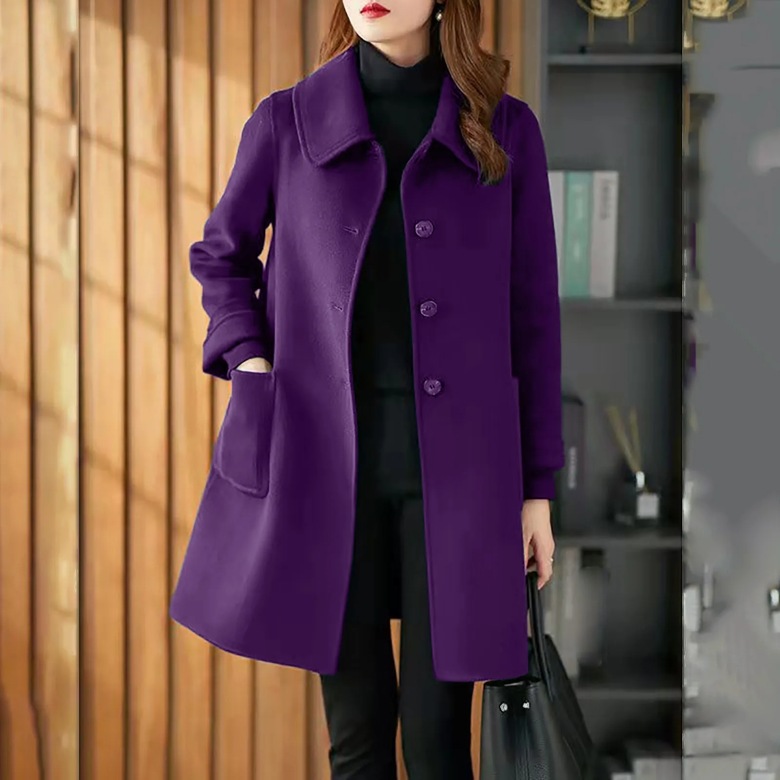 Płaszcz damski Casual Solid Color Autumn Winter Woolen Coat Fashion Offic Jackets Luźna, pogrubiona odzież Płaszcz średniej długości