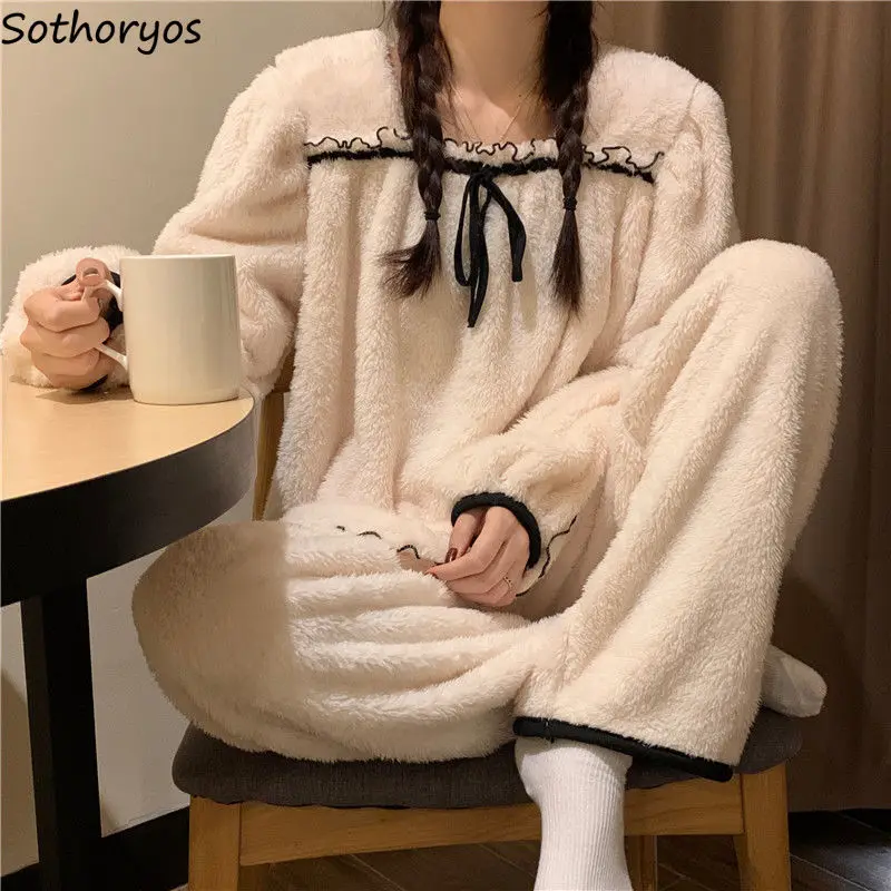 Women Warm Fluffy Flannel Pajama Sets Simple Princess Causal Sleepwear Heating Square Collar Winter Nighty Stylish Gentle Lounge