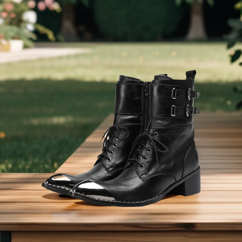 Schwarze Gürtelschnalle Weiches Leder Knöchel Herren Stiefel Westernstiefel Herren Spitzschuh Cowboy Schuhe Party Bota Masculina Herren, Große Größen – Detail 3