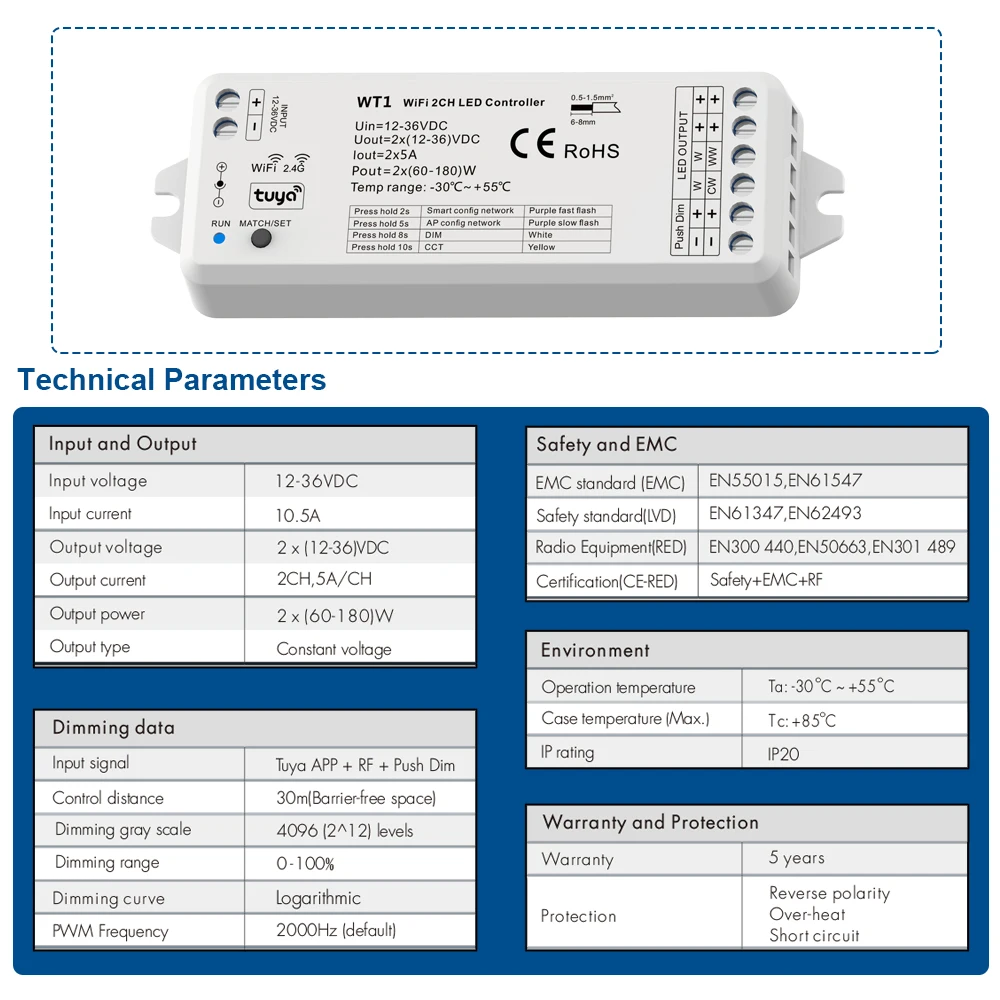 Tuya CCT LED Strip Dimmer Switch 12V DC Wireless 2.4G RF WW CW Controller Work with Smart Life Google Assistant 2 Channel WT1