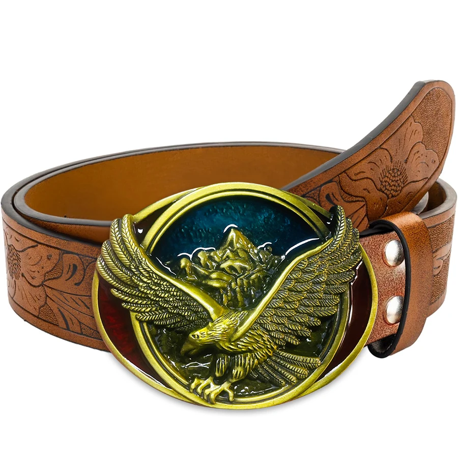 Silver Flying Eagle Belt Exquisite Carved Large Plate Buckle Alloy Buckle for Men and Women - Irregular Pattern Carved Flower Lo
