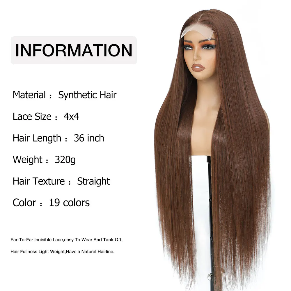 36 Inch 4x4 Lace Closure Wig Chestnut Brown Lace Frontal Middle Part Straight Pre Plucked High‑Temperature Synthetic Fiber Wigs