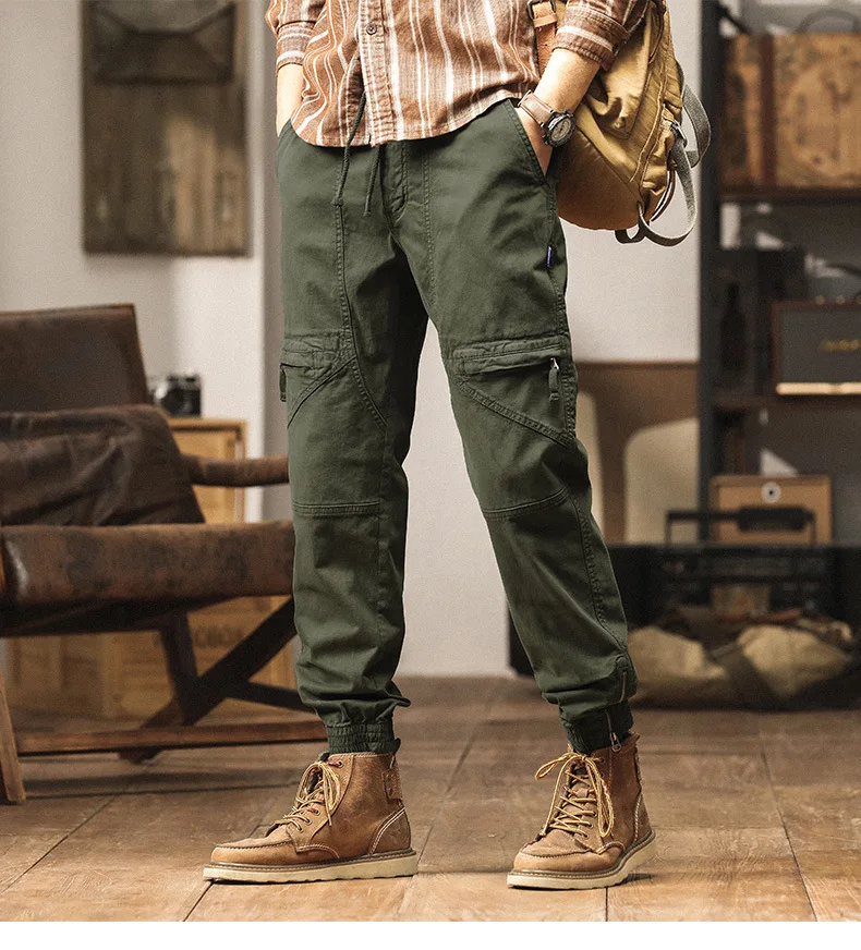 Men's Heavy-Duty Retro Workwear Pants Multi-Pocket Weathered Zipper Large Cuffed Outdoor Wear-Resistant Military Casual L Size