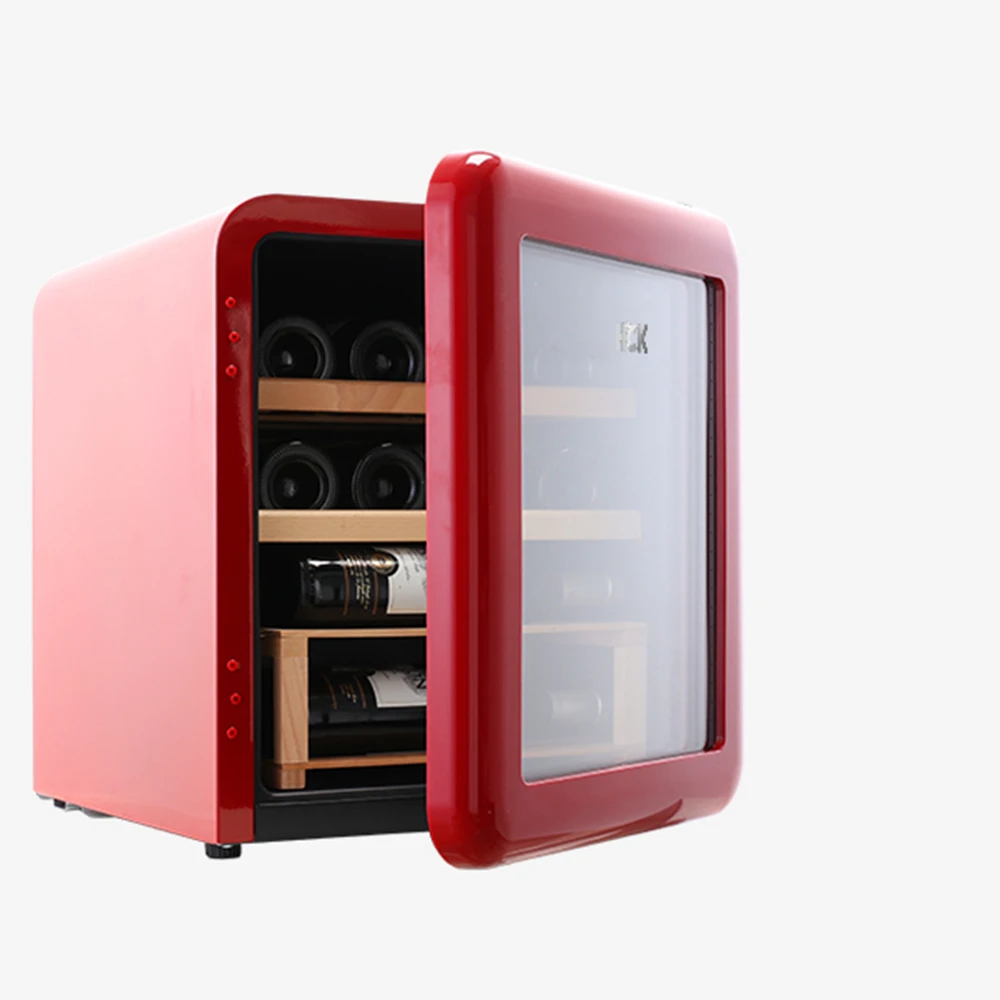 Kulkas-armario de vino de tamaño pequeño para el hogar, cueva compacta de vino, estante de acero de madera retro para bebidas y frigo