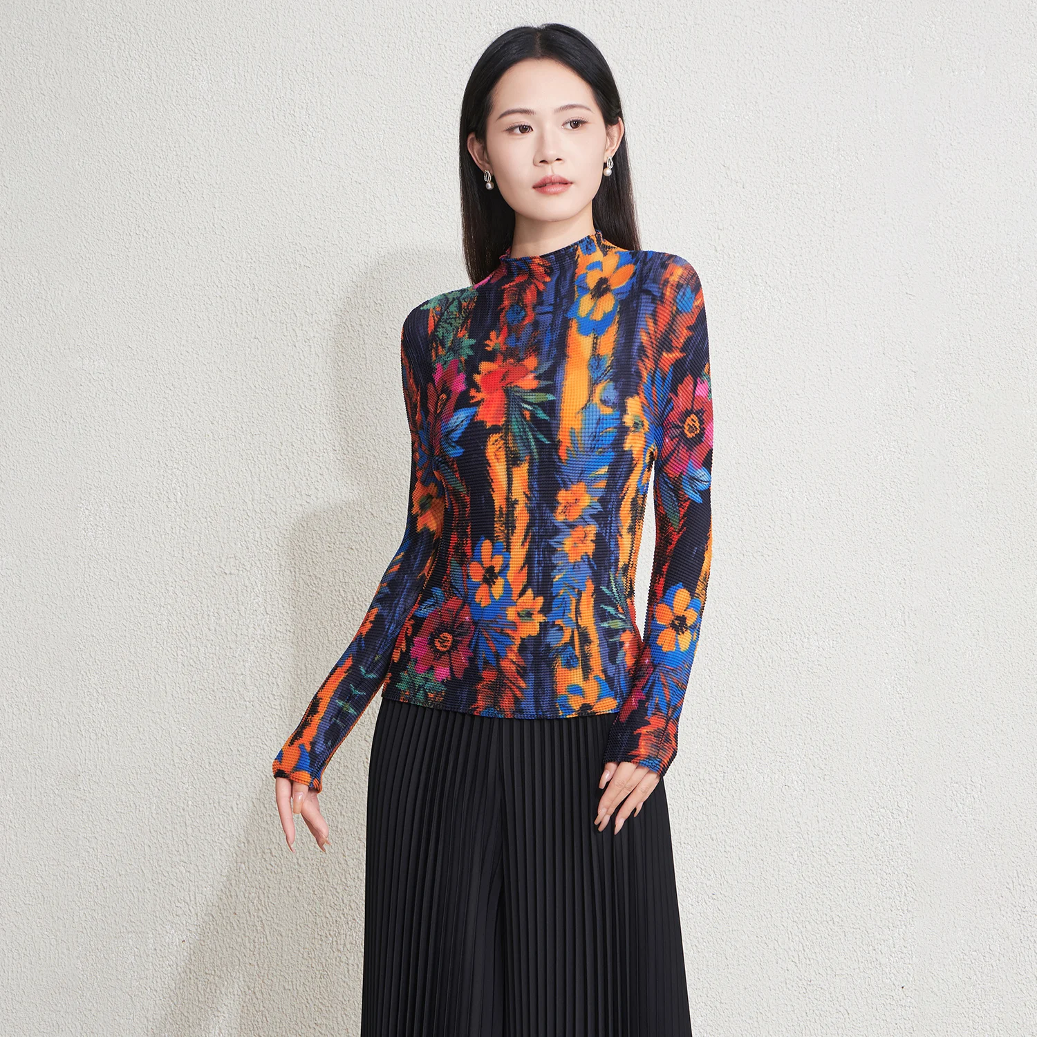 

Women's Retro Mock Neck Top Long Sleeve Stretchy Blouse Colorful Printed Shirt for Casual & Fashionable Miyake Pleated Shirt