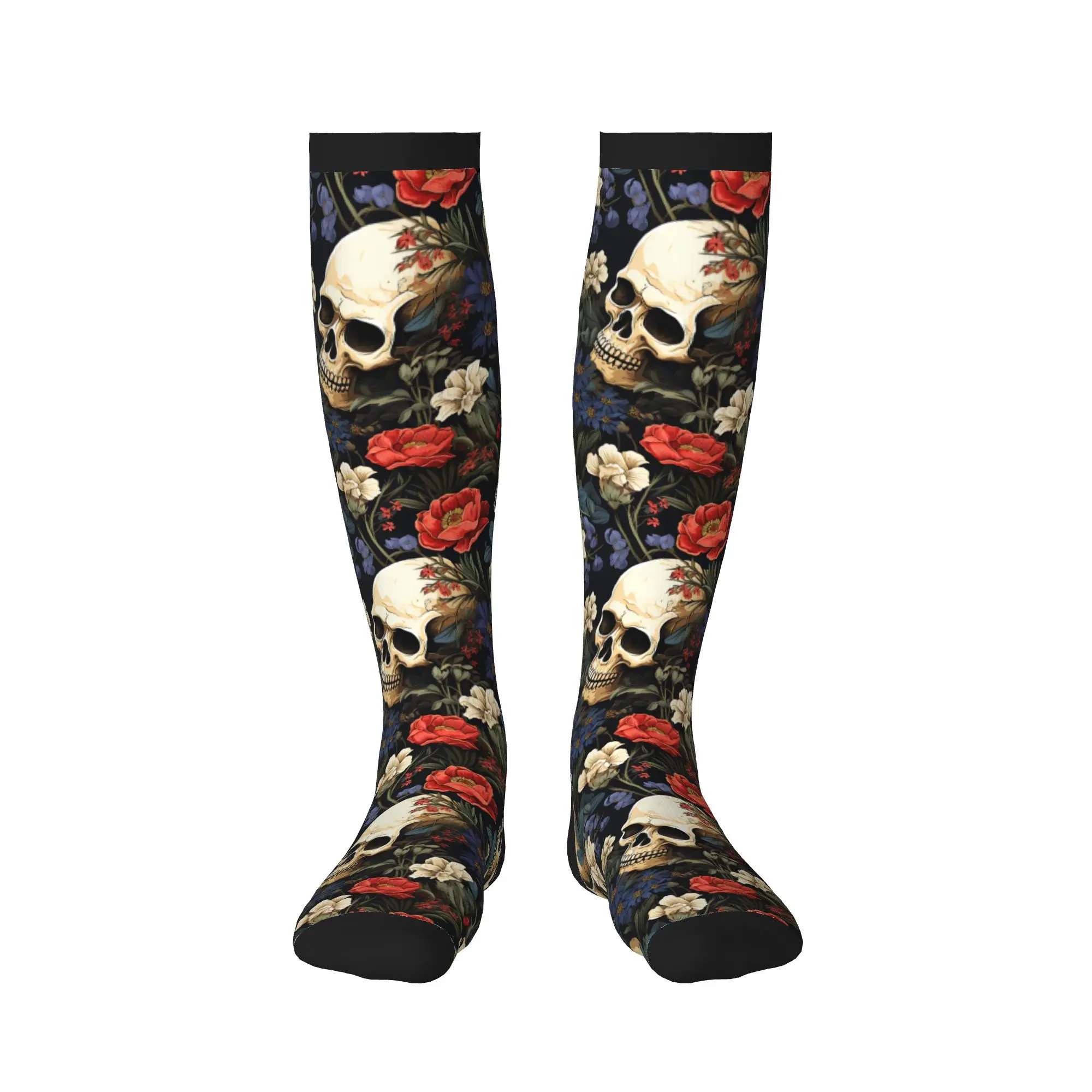 Gothic Skeleton Skull Floral Dress Socks for Men Women Warm Funny Novelty  Sports Compression Socks
