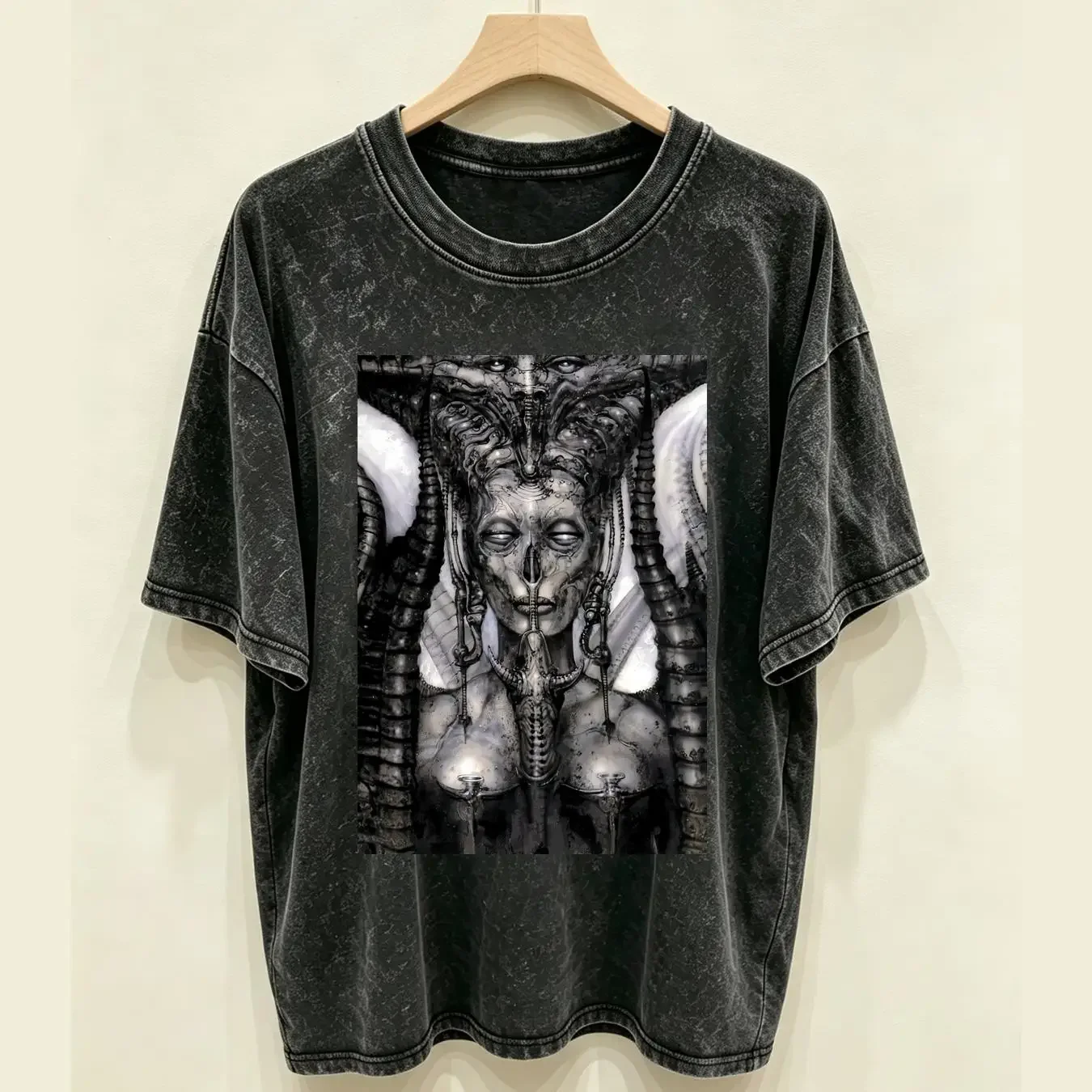 washed T Shirt H R Giger Alien New Black long or short sleeves vintage Washed Casual streetwear Breathable Versatile homme