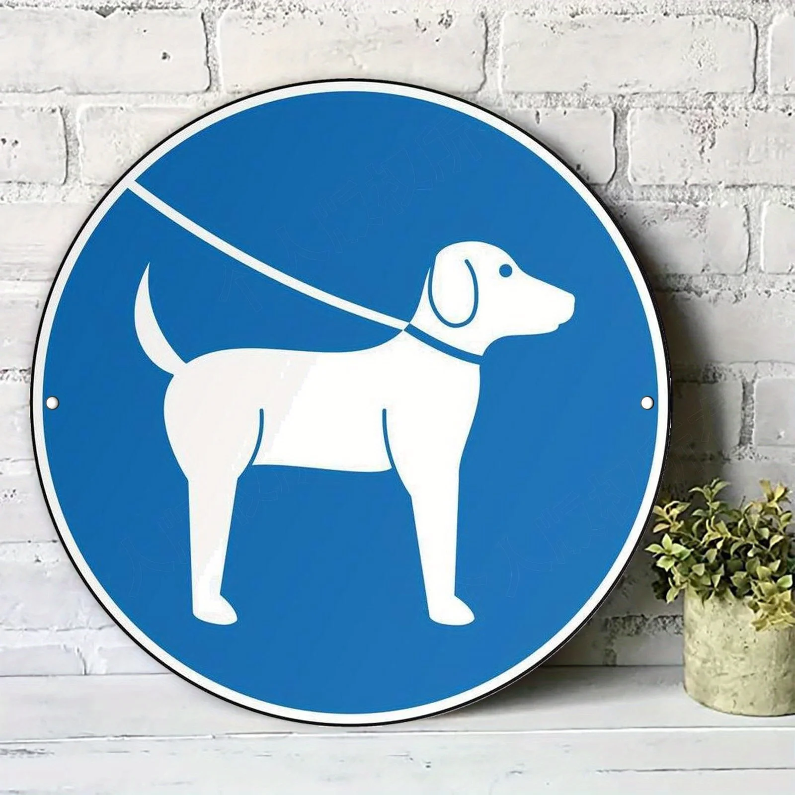 2D Flat - 2D Vintage Aluminum Wall-Hanging Dog Leash Sign | Round, Blue And White Design, 20X20 Cm/7.87 Inches, Durable For Home