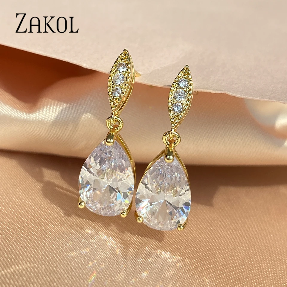 ZAKOL Classic AAA Cubic Zirconia Water Drop Dangle Earrings Błyszcząca przezroczysta biżuteria ślubna dla nowożeńców Hurtownia