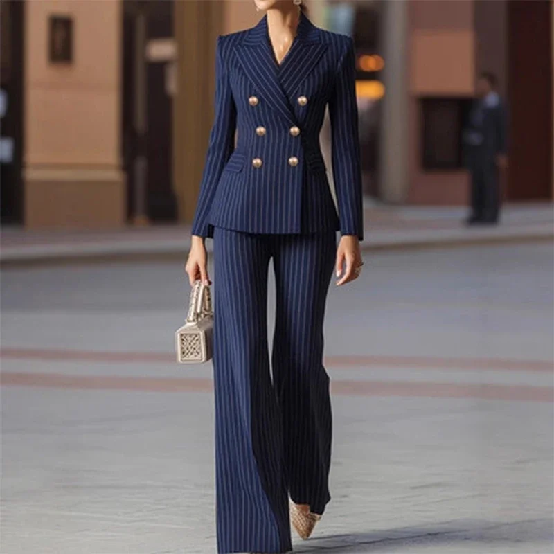 

Women Striped Female Business Work Wear Fashion Autumn Winter Ladies Pant Suit Jacket Blazer and Trouser Formal 2 Piece Set