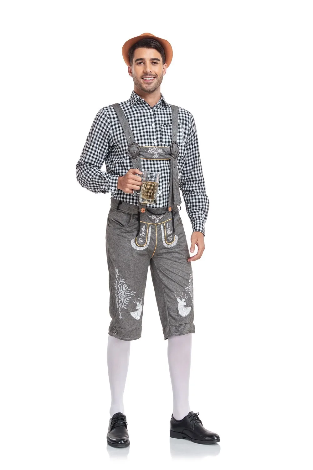 Robe de bière traditionnelle allemande Oktoberfest pour homme, chemise à carreaux, bretelles trempées