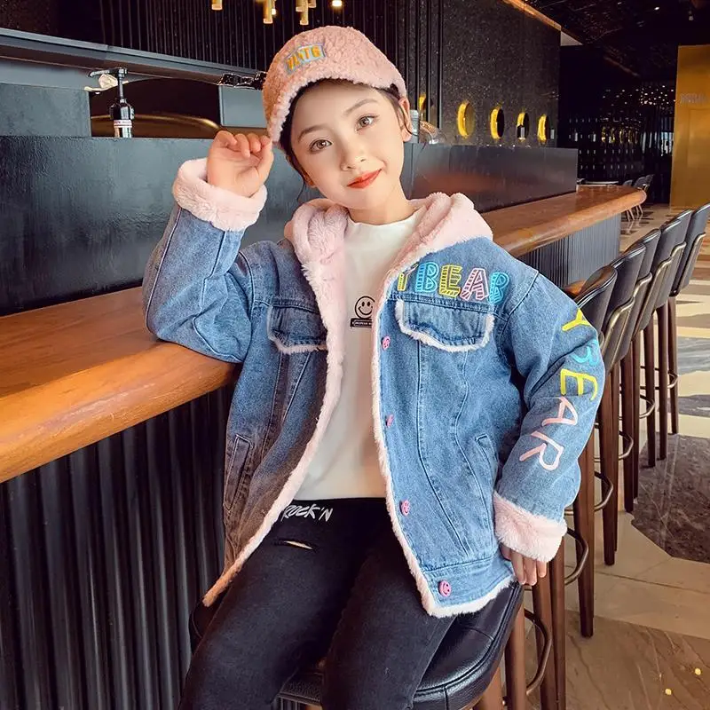 

Girls Kids Coat Jacket Overcoat Cotton 2022 Jean Warm Plus Thicken Velvet Winter Sports Teenager School Children's Clothing