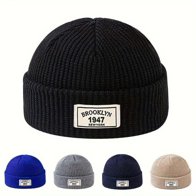 1PC Gorro Masculino Quente de Poliéster de Alta Elasticidade com Patch de Letras, Touca de Inverno da Moda, Presentes para Esportes e Lazer, Uso no Dia dos Namorados