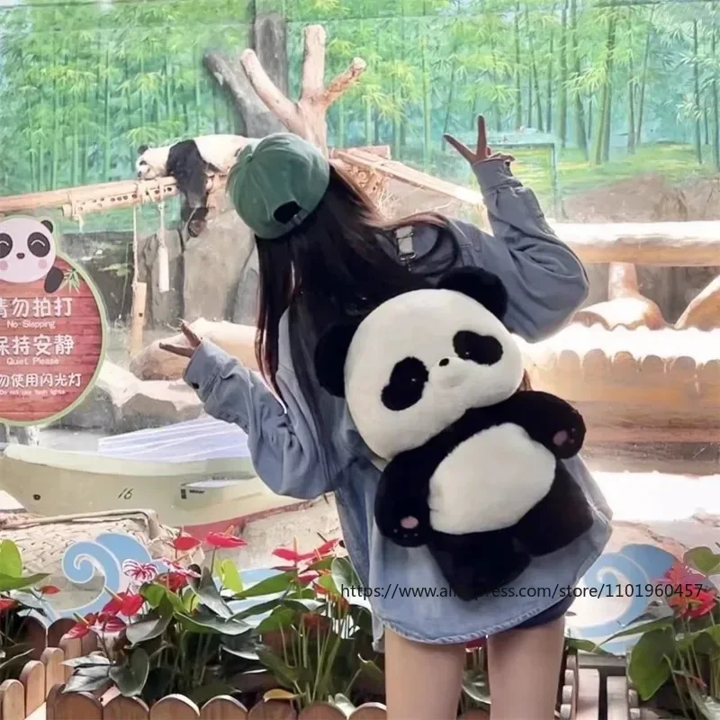 Cartoon Cute Panda Shape Backpack Nylon Plush Material 2 Sizes Available Removable Shoulder Strap Bag Fashion Women's Makeup Bag