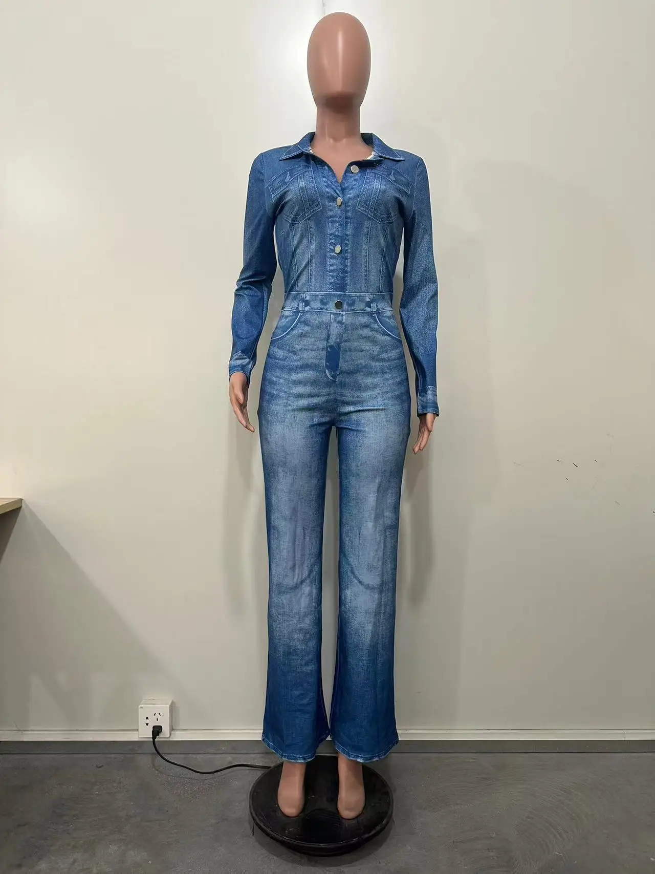 Fashion Blue Imitation Denim Jumpsuit Autumn Winter Women\'s Casual Commute Solid Color Straight Leg Jumpsuit Urban Style