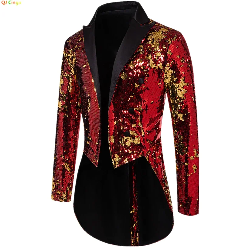 Red Men\'s Metallic Shiny Sequins Tuxedo, Performance,Party,Stage Performance Dress Coat,Fashion Long Cardigan Suit Jacket,S-XXL