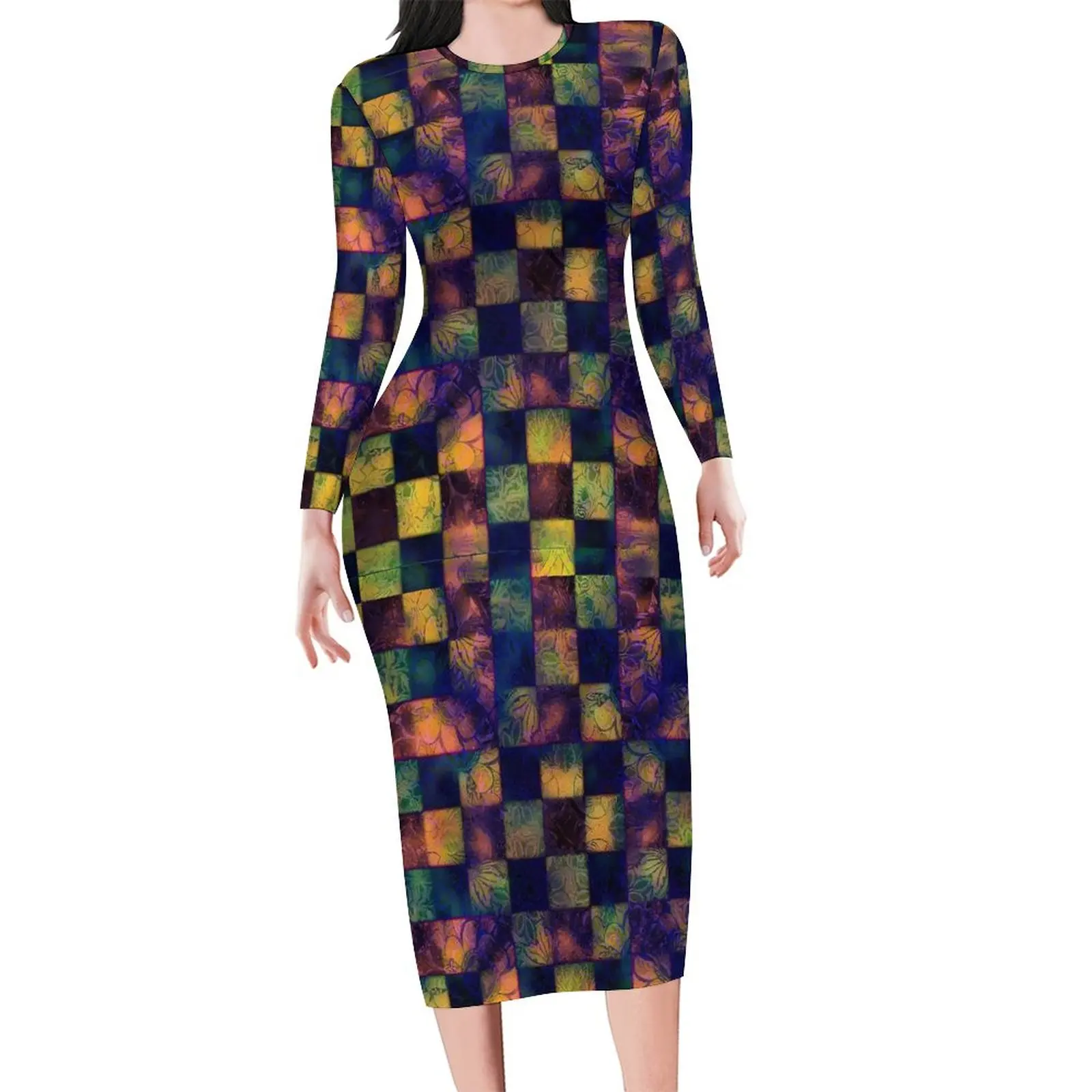 

Patchwork Print Dress Womens Rainbow Damask Street Wear Bodycon Dress Summer Long Sleeve Dresses Pattern Oversized Vestido