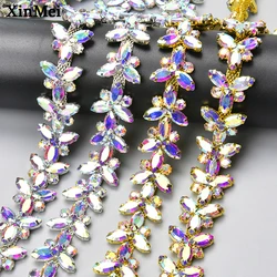 2cm Wide Flower Glass Crystal Apparel Chain Rhinestone Leaf Diamond Trim Ribbon Sew on Shoes Straps Bridal Clothing Accessories