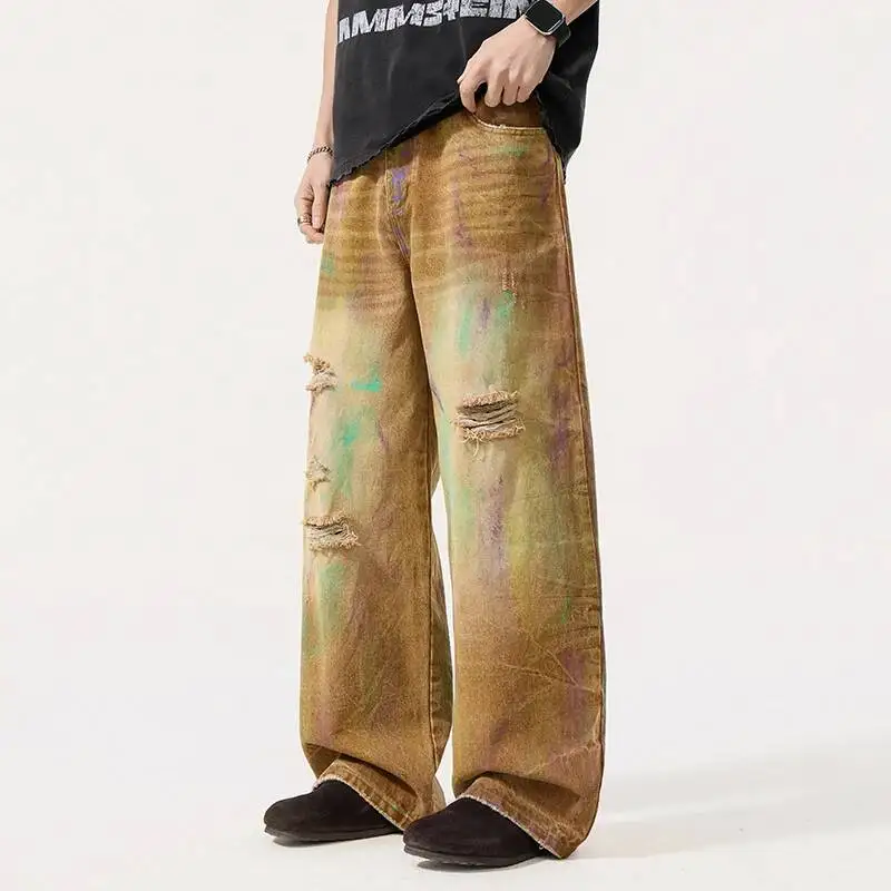 American Style Men's Jeans High Street Colorblock Washed Distressed Ink Splash Vibe Hole Design Denim Long Pants XDW45FR5