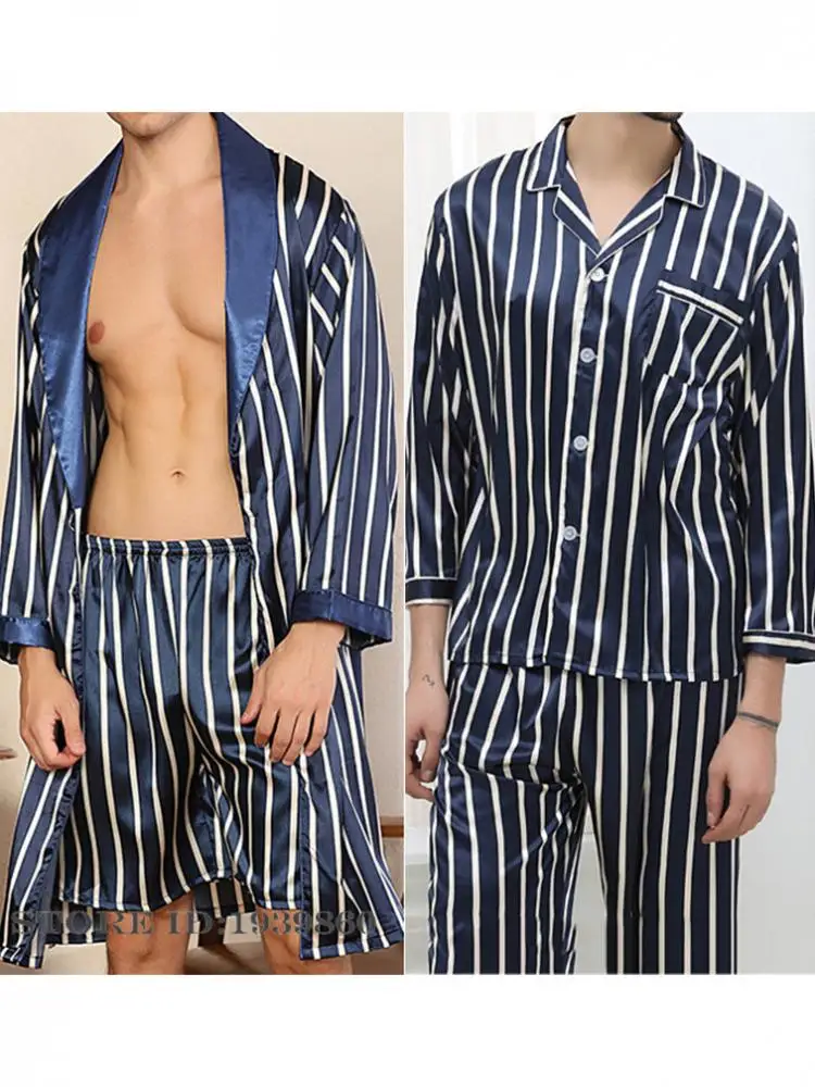 Men Sleepwear 4PCS Robe Pajamas Set Spring Summer Satin Kimono Bathrobe Shorts Trouser Suit Loungewear Navy Blue Stripe Homewear