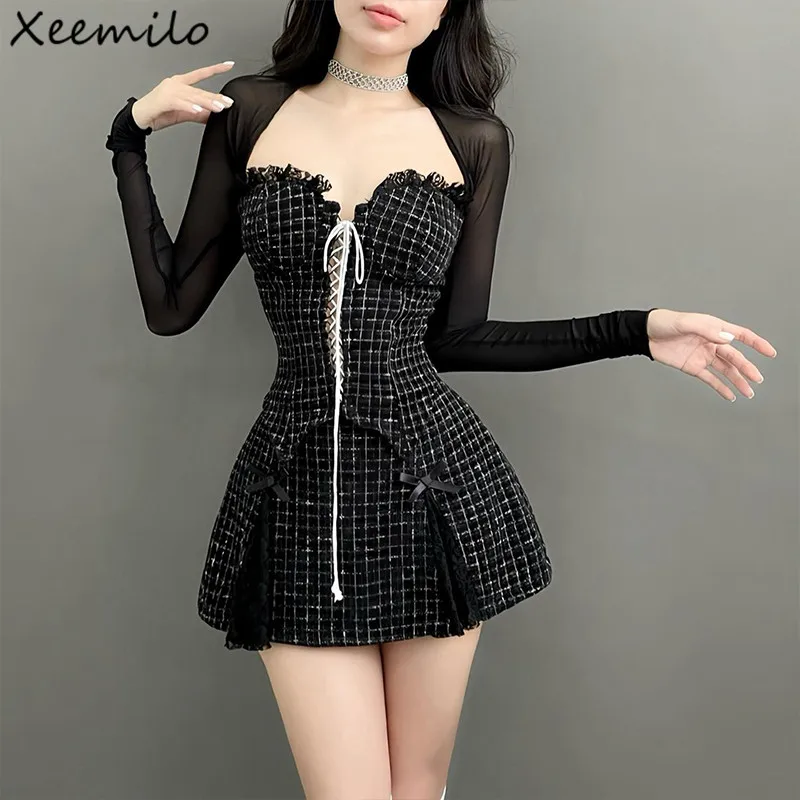 

Xeemilo French Elegant Bandage Slim Tube Tank Top With Gauze Shawl+Lace Patchwork High-waist Skirt Winter Women Print Outfits