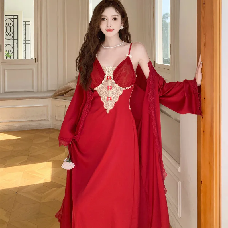 Twinset Lace Bathrobe Set Women Silky Satin Nightgown Robe Suit Spring Female Kimono Gown Loungewear Sleepwear Nightdress