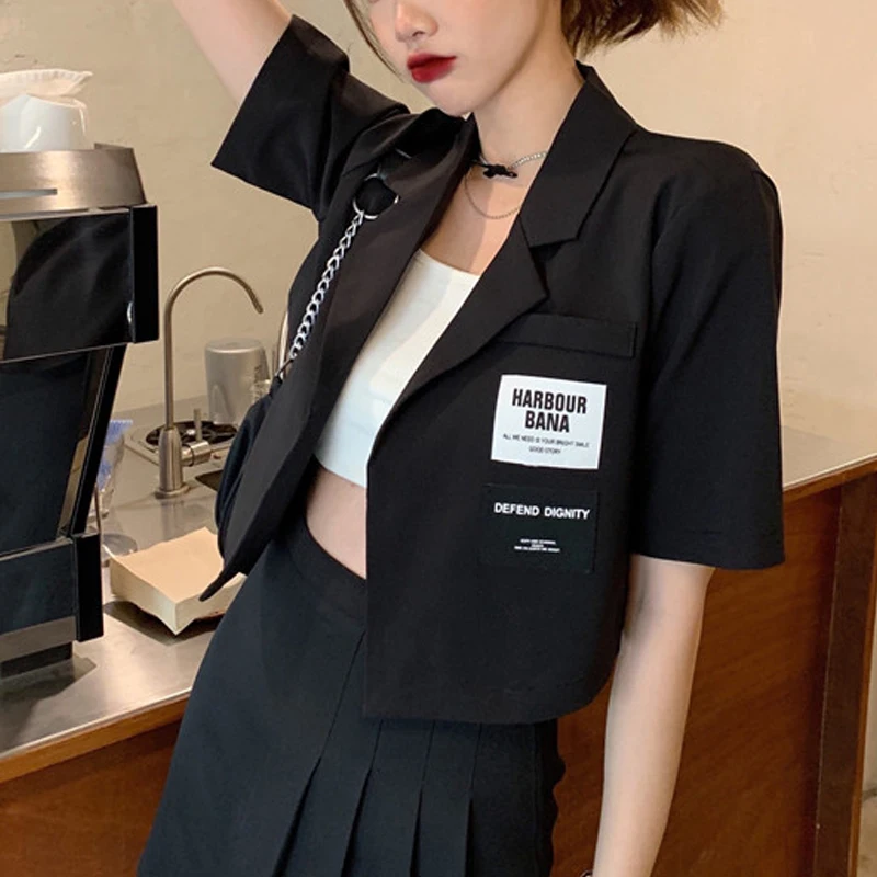 2024 Summer Women Trendy Appliques Design Sweet Kawaii manica corta Thin Cropped Blazer Casual Street Y2K Solid Chic Suit Jacket