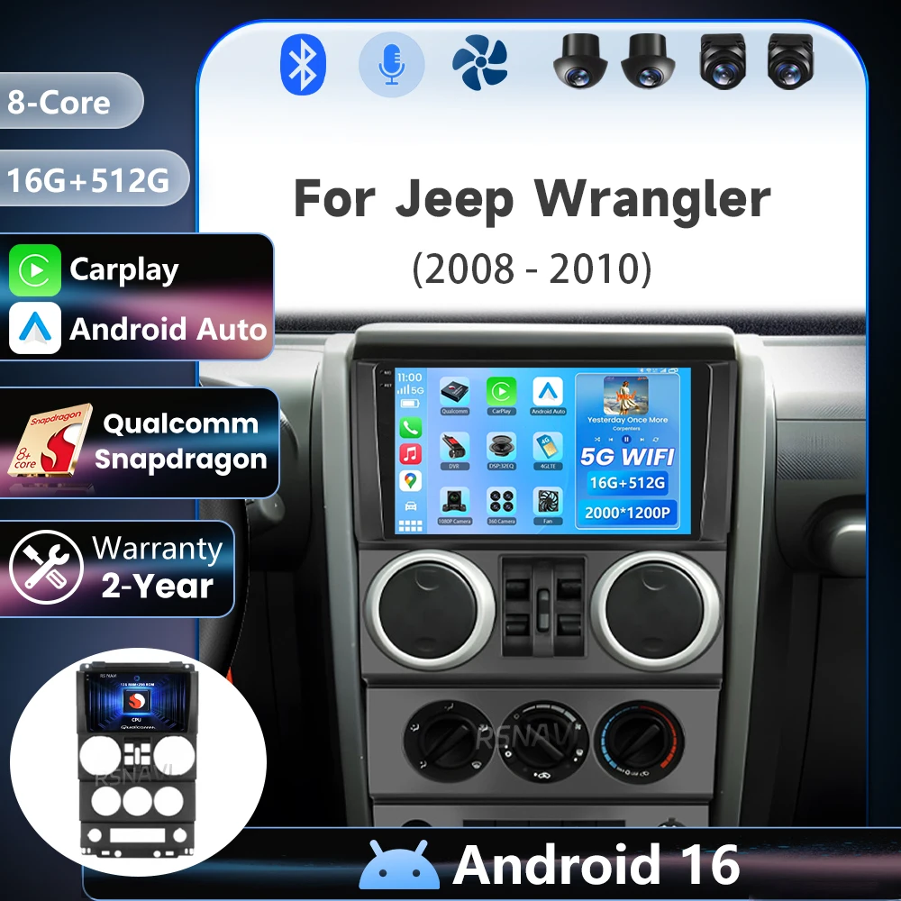 Radio Multimedia con Pantalla 2K Android 16 Qualcomm Carplay Auto para Jeep Wrangler Rubicon 2007 - 2010 Autoradio Snapdragon BT