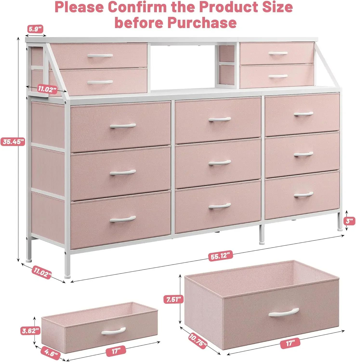 Cômoda para quarto de 55 polegadas, cômoda rosa para quarto de meninas, cômoda com 13 gavetas grandes, cômodas e cômodas