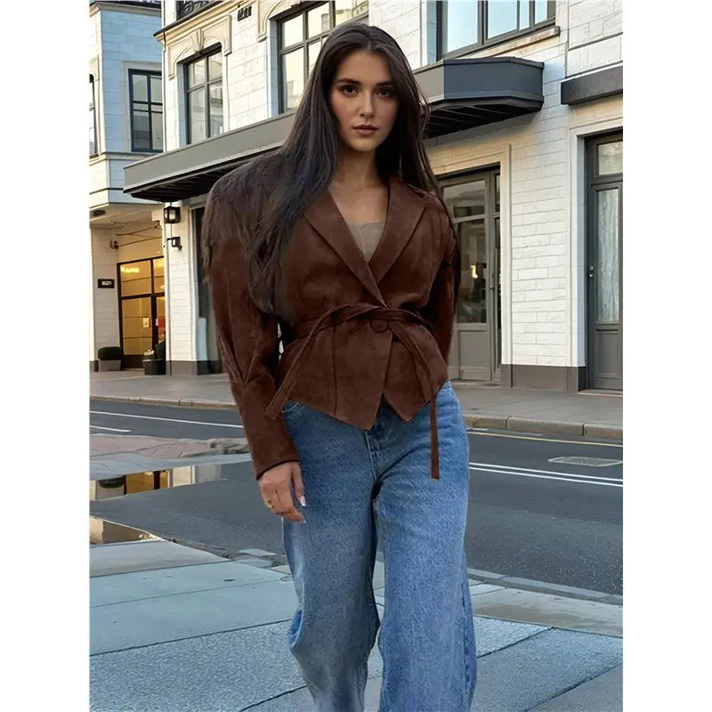 CYL-Leder Patchwork Jacke Mit Gürtel Weibliche Lange Ärmel Kordelzug Krawatte Mantel Weibliche Dicke Straße Outwear Braun M