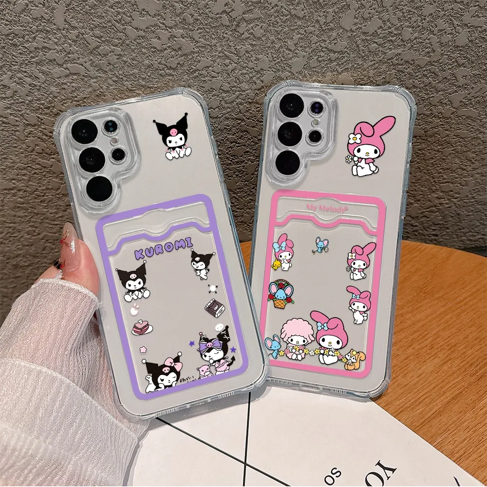 Coque de téléphone mignonne My Melody Kuromi Card Hold, coque transparente anti-chute pour Samsung S24, S23, S22, S21, S20, FE Plus Ultra, M33, M53, M54, 5G