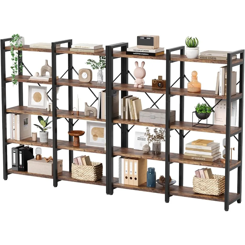 Regał na książki o podwójnej szerokości, regał industrialny z metalową ramą, otwarty duży regał na książki, drewniane półki ekspozycyjne do domu i biura