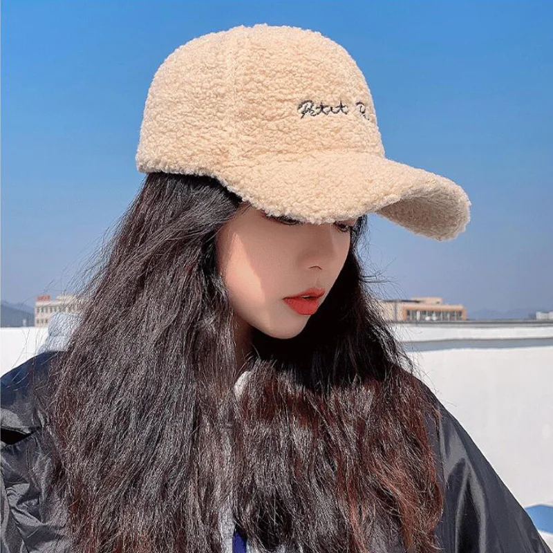 New Lamb Wool Baseball Cap Letter Embroidery Women Sun Hat Lady Girls Outdoor Warm Winter Spring Plush Caps