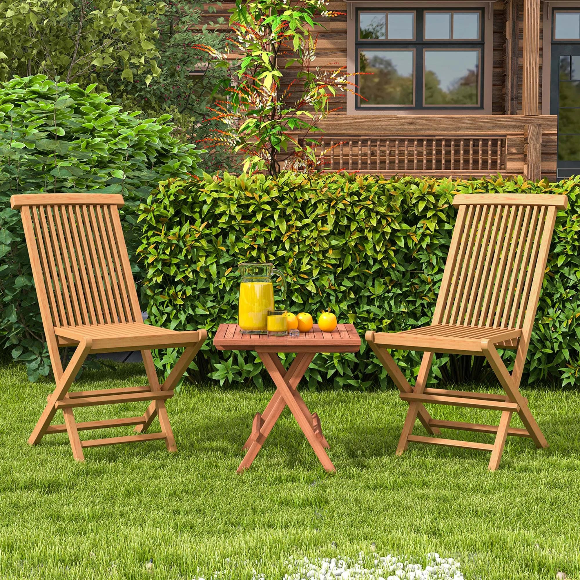 3PCS Patio Bistro Set Square Table Indonesia Teak Wood Folding Chair Slatted Tabletop Seat