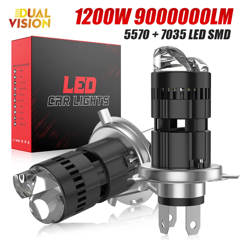 1200W H4 Bi Mini LED Projector Lens Headlights 9000000LM Turbo Lamps Super Bright 6000K White Dual Motorcycle Plug&Play 12V 24V