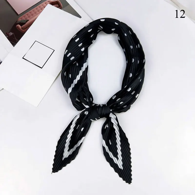 Korean Pleated Scarf Crinkle Small Square Scarf Decorative Silk Women Scarf Print Neck Scarves Elastic Hair Band Ribbon Wrinkle