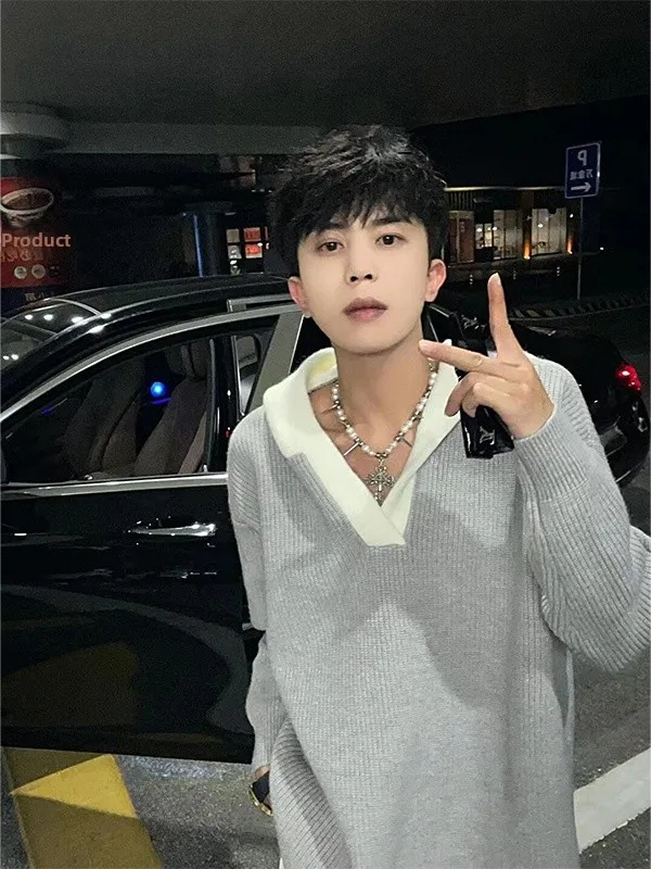 

Мужской свитер с V-образным вырезом, осенне-зимний, однотонный, с капюшоном, повседневный, свободного кроя, длинный рукав, модный, уличный стиль...