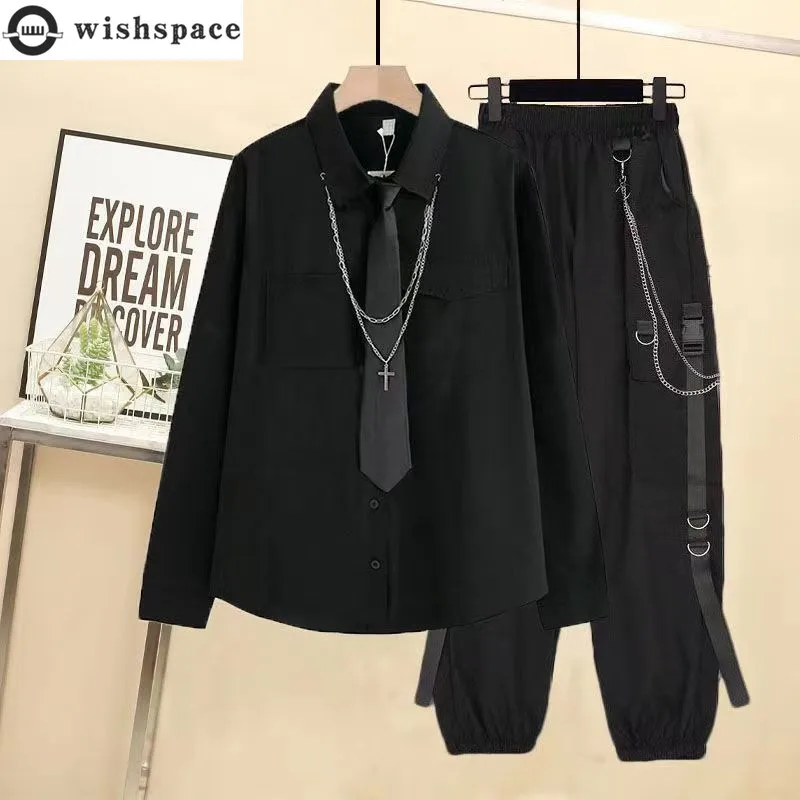 

Spring and Autumn New Male and Female Student Set Korean Edition Loose Black Long Sleeve Shirt+Handsome Work Pants Two Piece Set