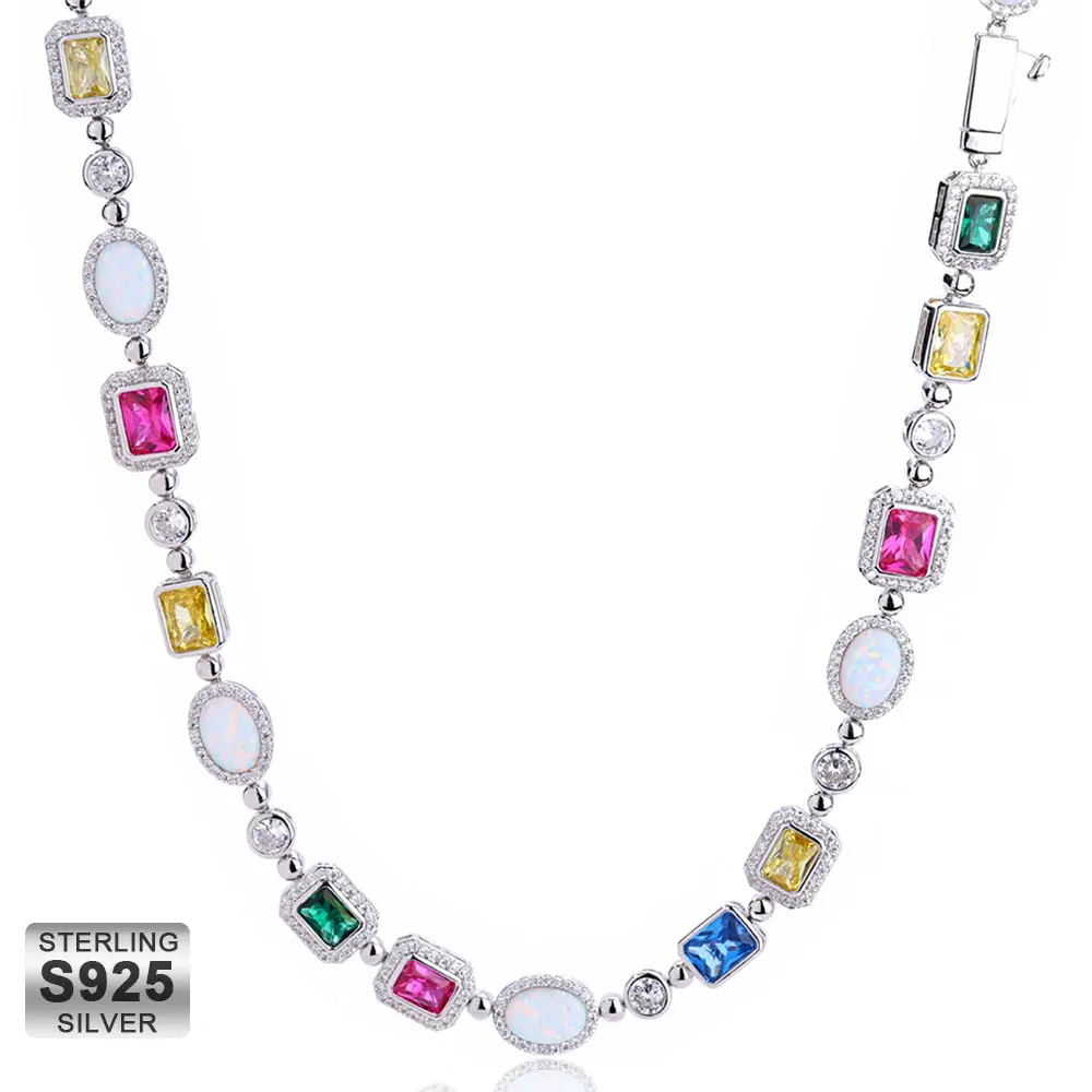 S925 Sterling Silver Rainbow Choker Multi Color Gemstone Beaded Necklace Iced Cubic Zirconia Opal Chain Waterproof Jewelry