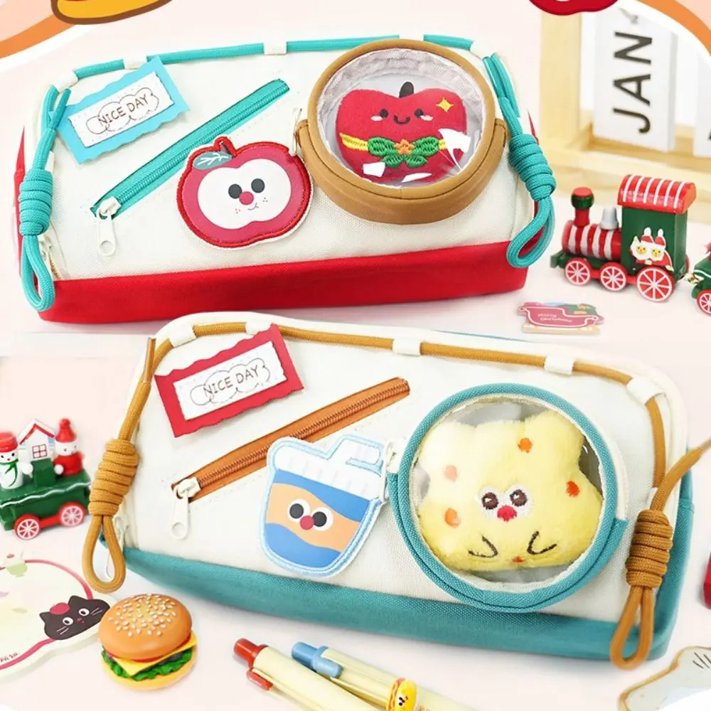 Cartoon With Plush Doll Pen Bag Multilayer Large Capacity Stationery Bag Portable Pencil Case Gift