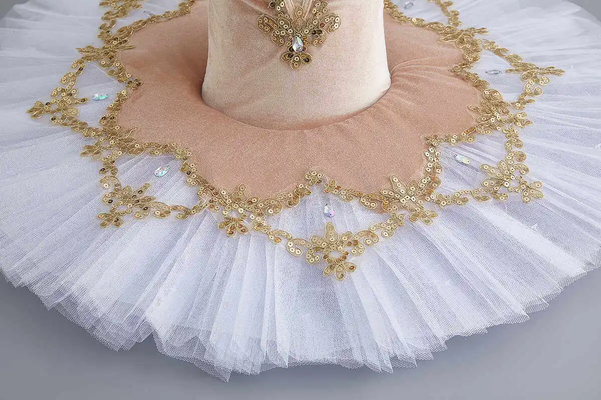 Elegant White Gold Ballet Dance Dress for Girls, Sparkling Tutu Skirt with Champagne, Perfect for Performance and Training