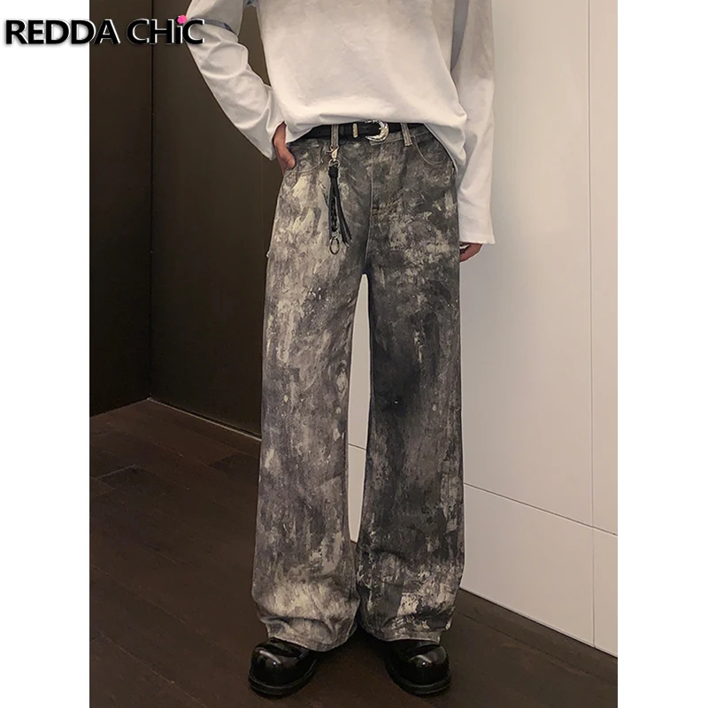 

REDDACHIC Tie Dye Dirty Wash Джинсовые прямые брюки Мужские свободные повседневные широкие мешковатые джинсы с низкой талией Винтажная одежда Y2k