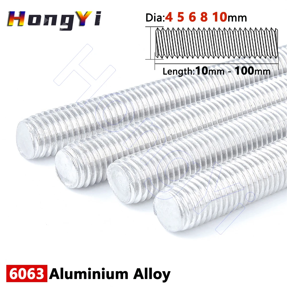10pcs Ø4 5 6 8 10mm Aluminum Threaded Rod Full-Thread Bar Fully Thread Stud Length 10 16 20 25 30 35 40mm to 100mm